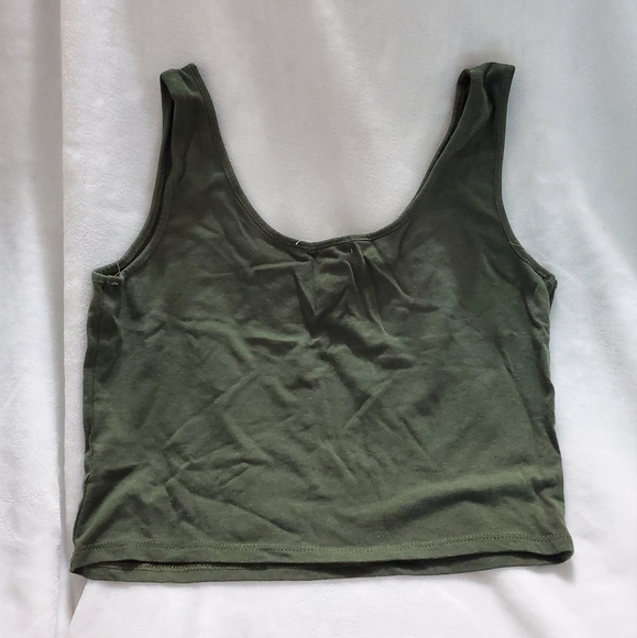 Olive Green Tank Top Crop V-Neck Cutout Large - Picture 3 of 3